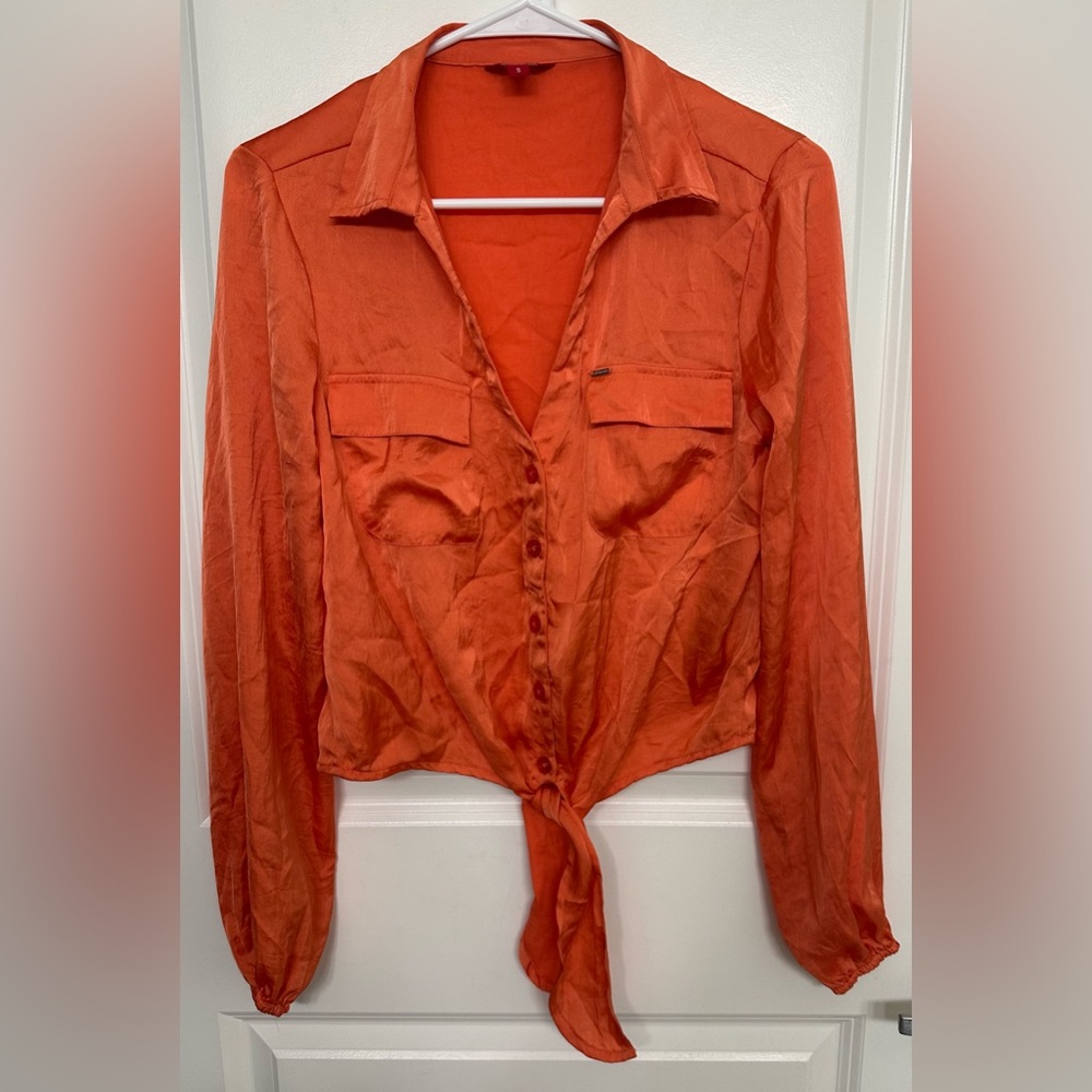 Guess Orange Satin Tie-Front Blouse Long Sleeve Women’s Small